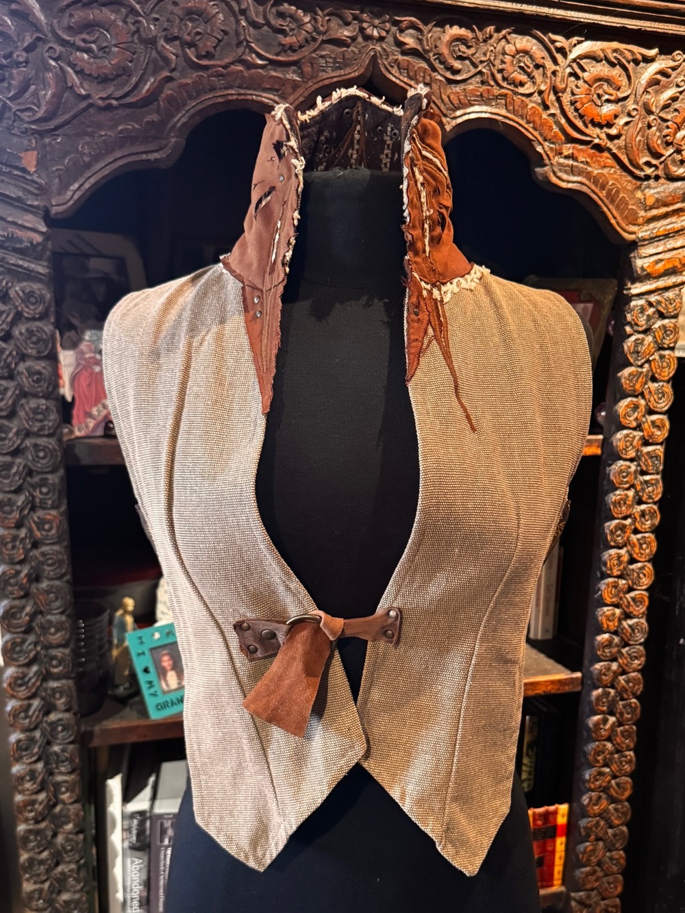 Rust-Suede Trim Tan Textured Vest